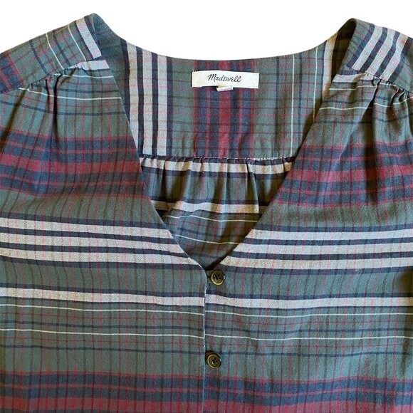Madewell V-Neck Button-Down Shirt Sz XS Green White Plaid Cotton Neutral Earthy - Picture 6 of 14